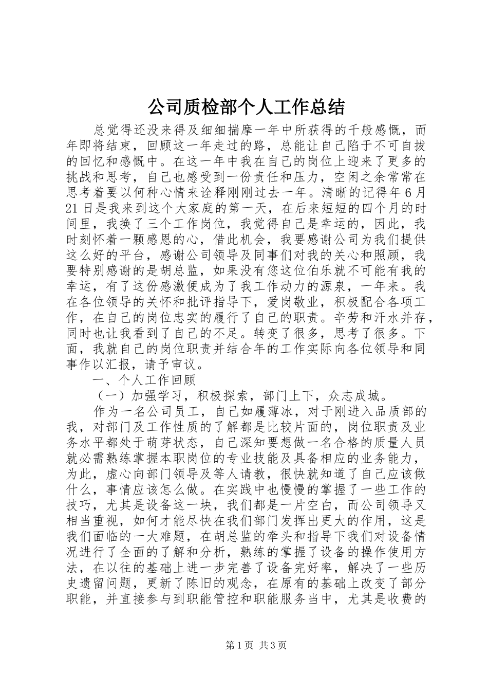 2024年公司质检部个人工作总结_第1页