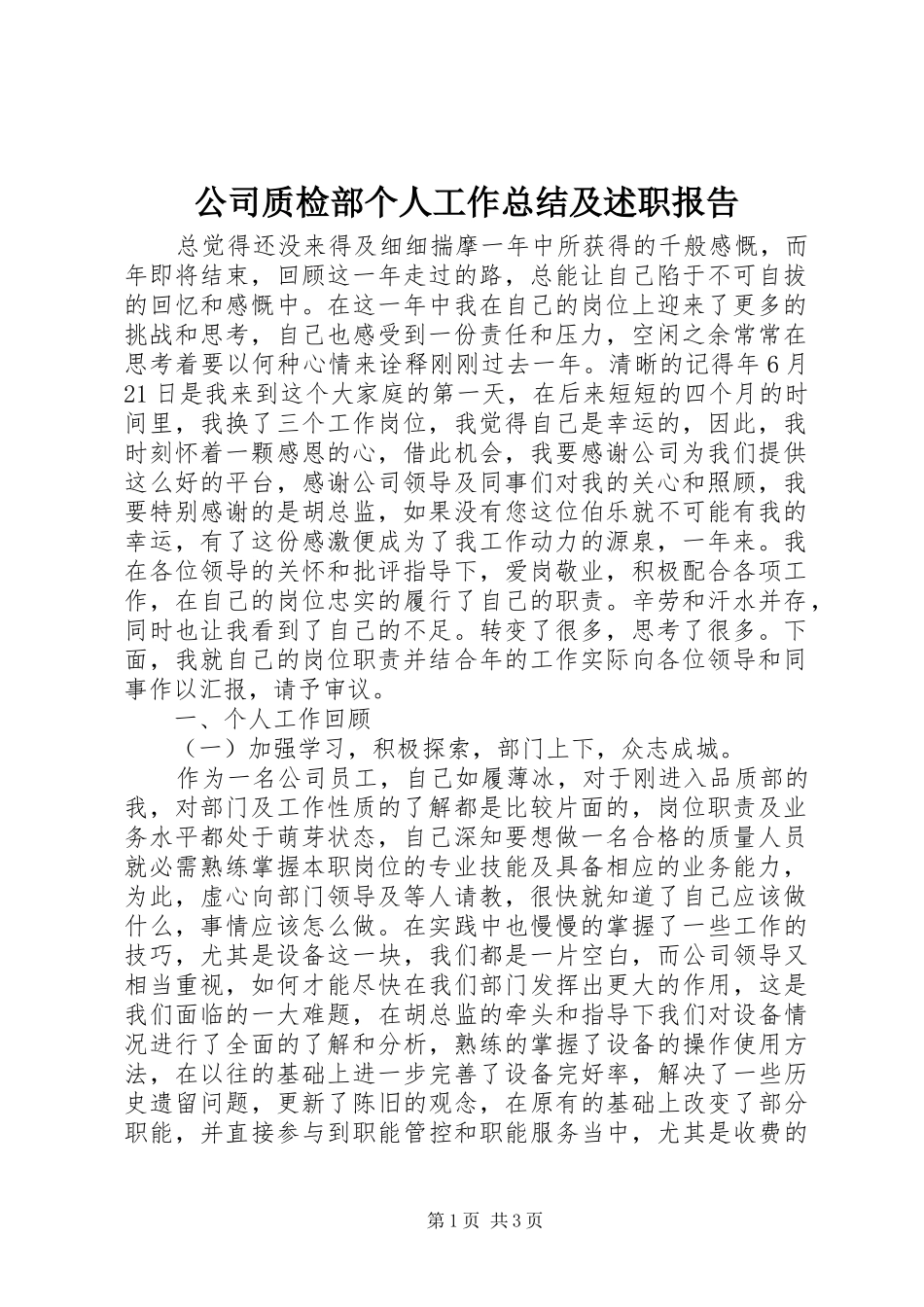 2024年公司质检部个人工作总结及述职报告_第1页