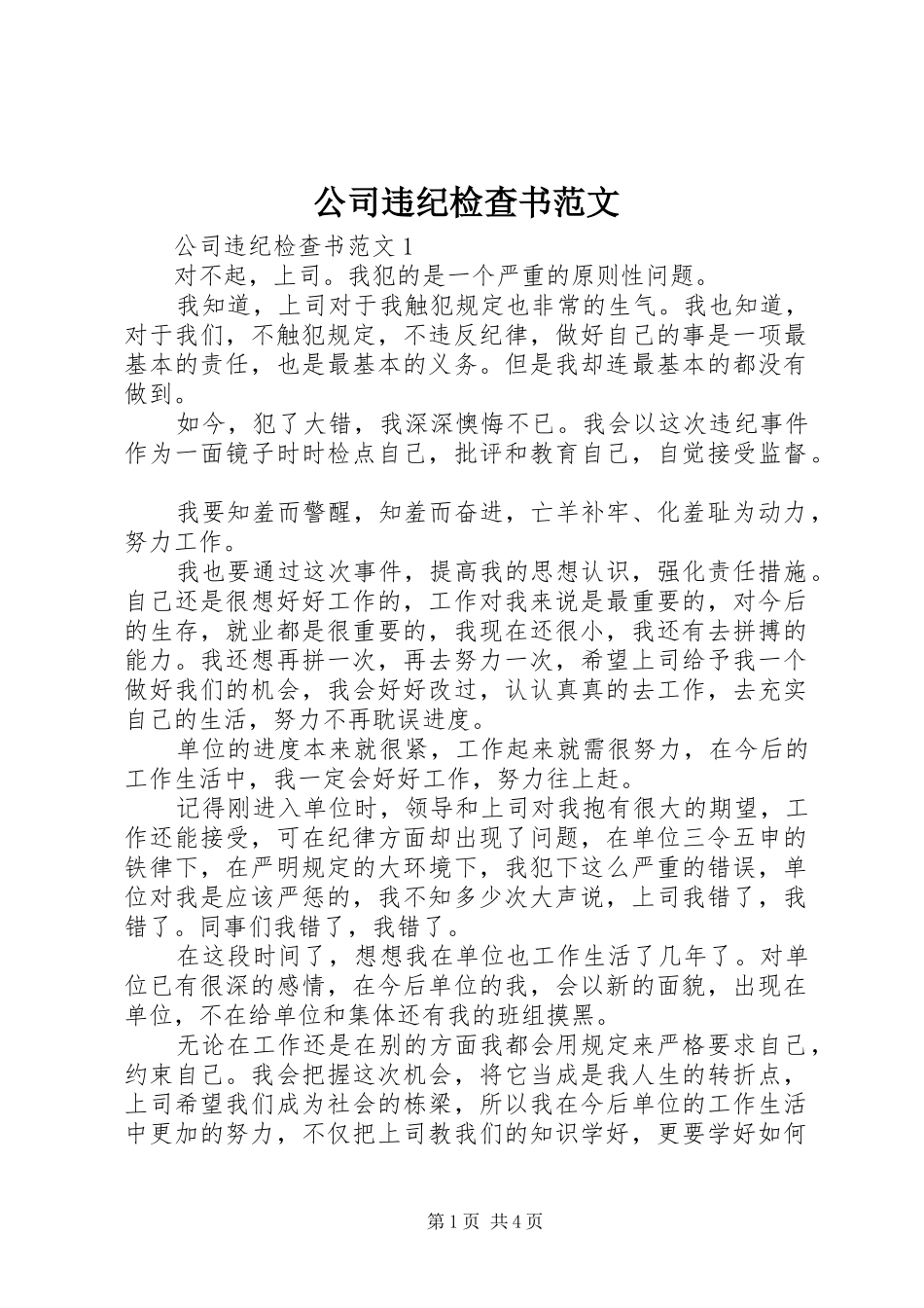 2024年公司违纪检查书范文_第1页