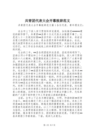 2024年共青团代表大会开幕致辞范文