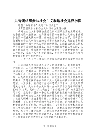 2024年共青团组织参与社会主义和谐社会建设初探