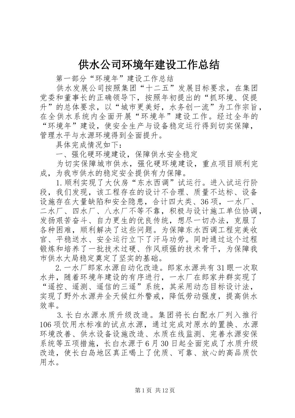 2024年供水公司环境年建设工作总结_第1页