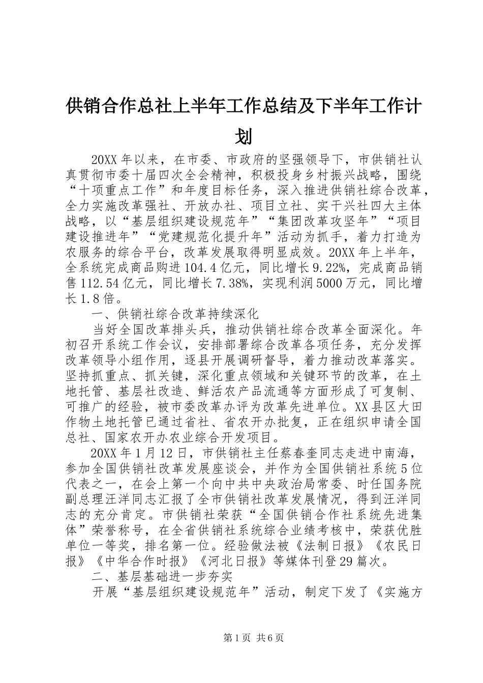 2024年供销合作总社上半年工作总结及下半年工作计划_第1页