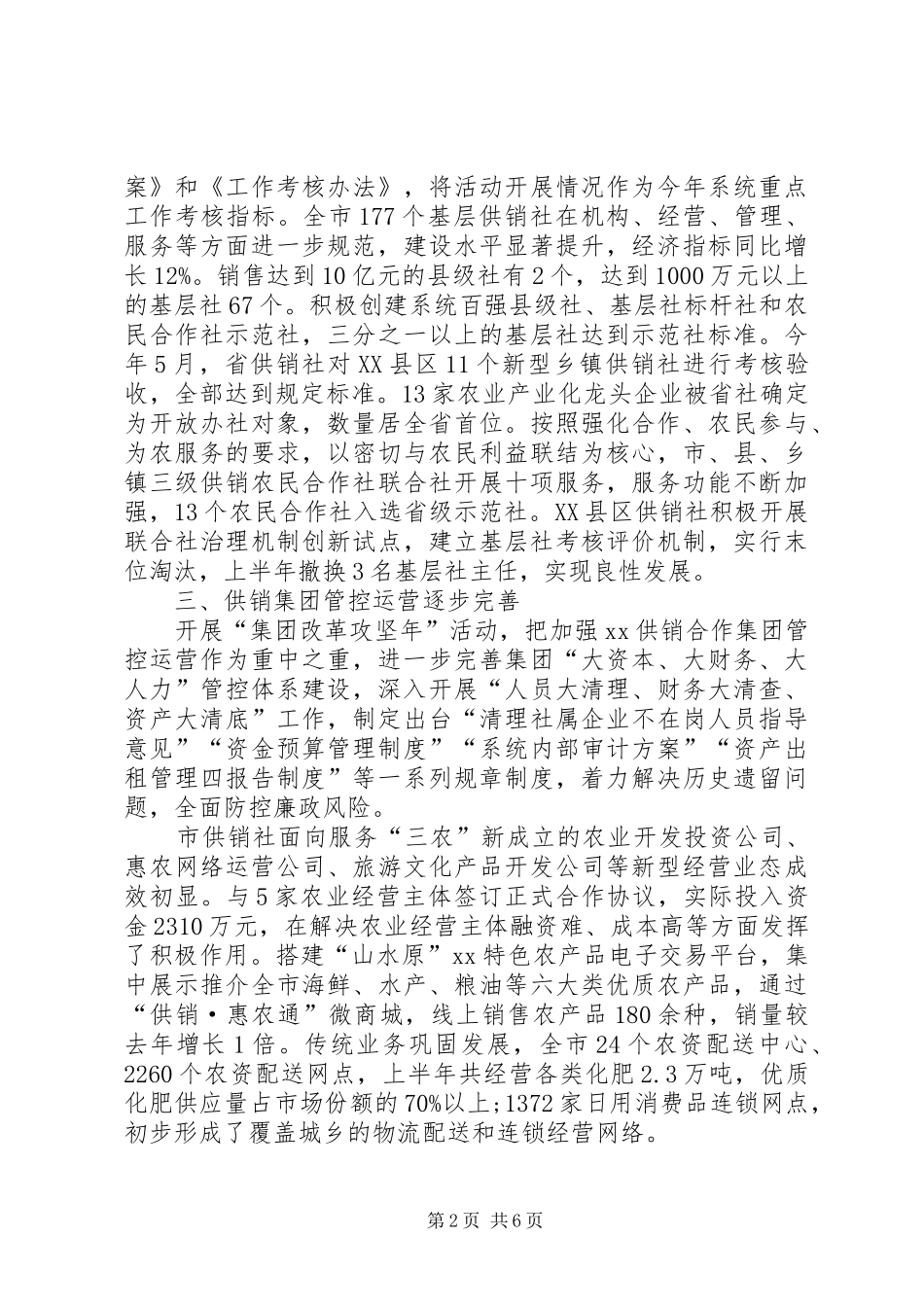 2024年供销合作总社上半年工作总结及下半年工作计划_第2页