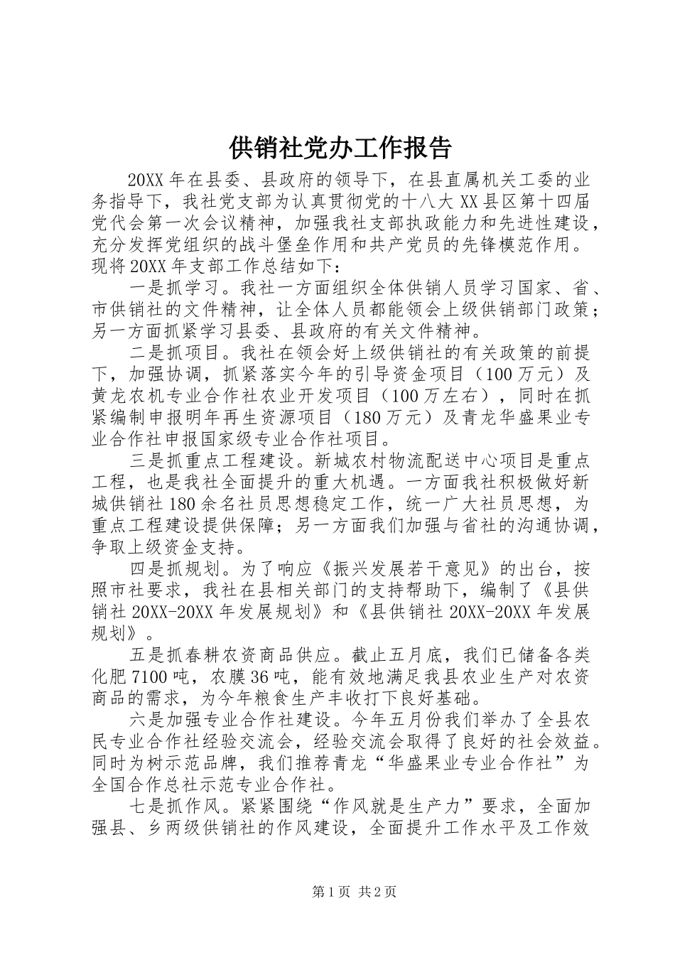 2024年供销社党办工作报告_第1页