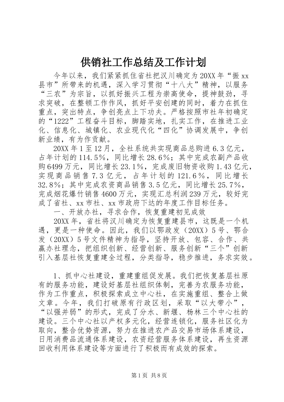 2024年供销社工作总结及工作计划_第1页