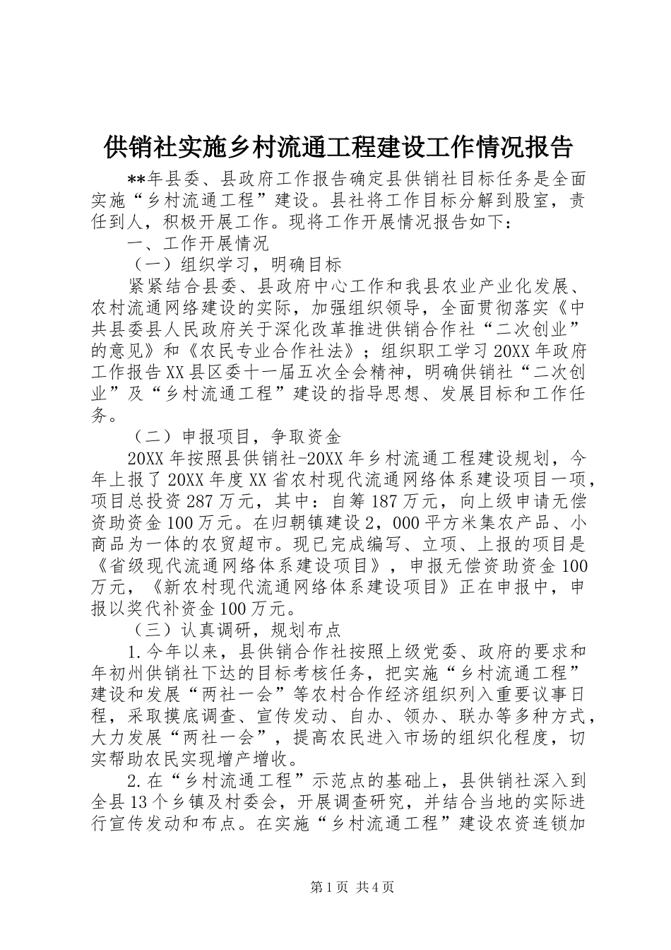 2024年供销社实施乡村流通工程建设工作情况报告_第1页