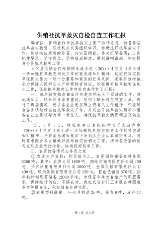 2024年供销社抗旱救灾自检自查工作汇报