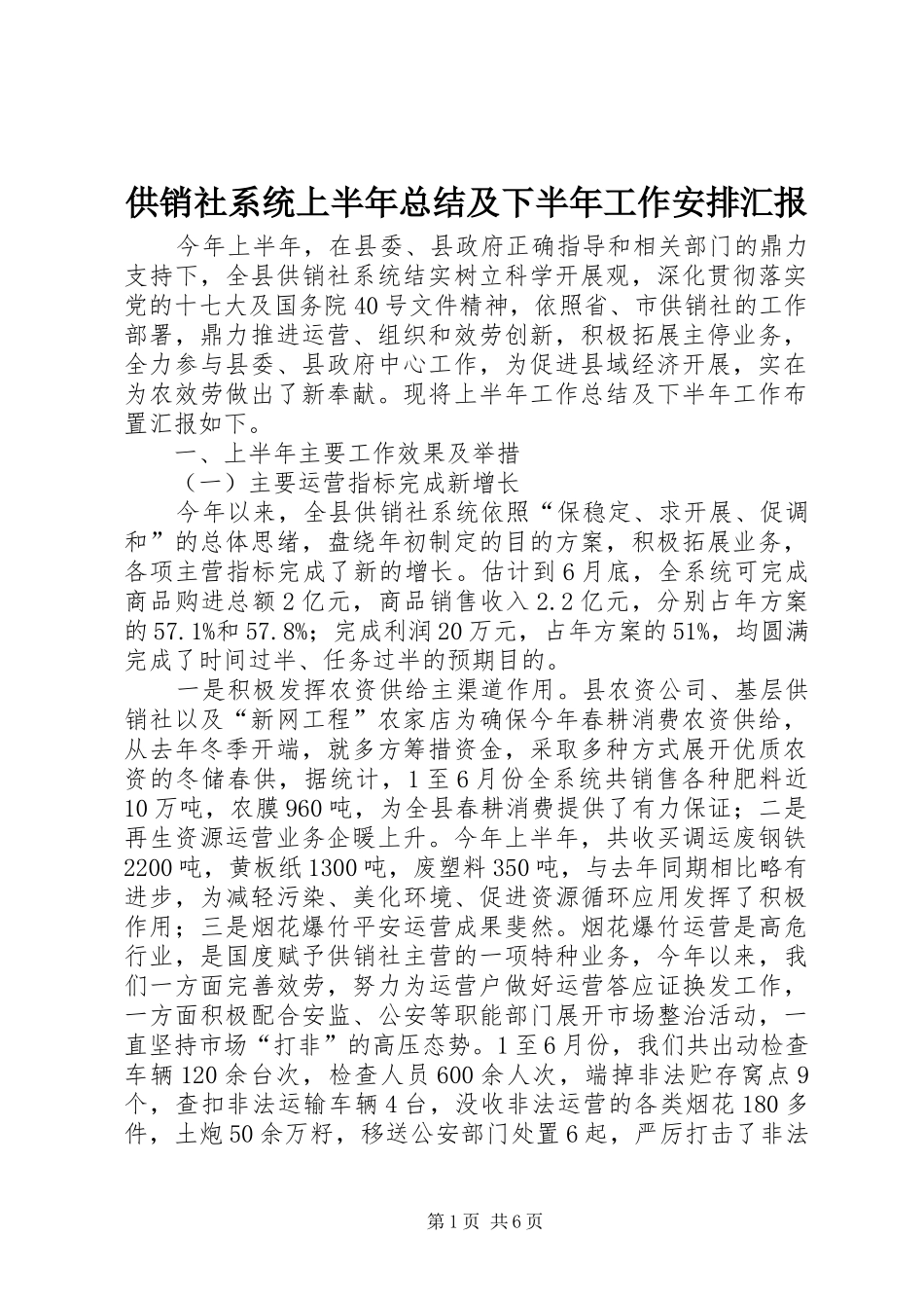 2024年供销社系统上半年总结及下半年工作安排汇报_第1页