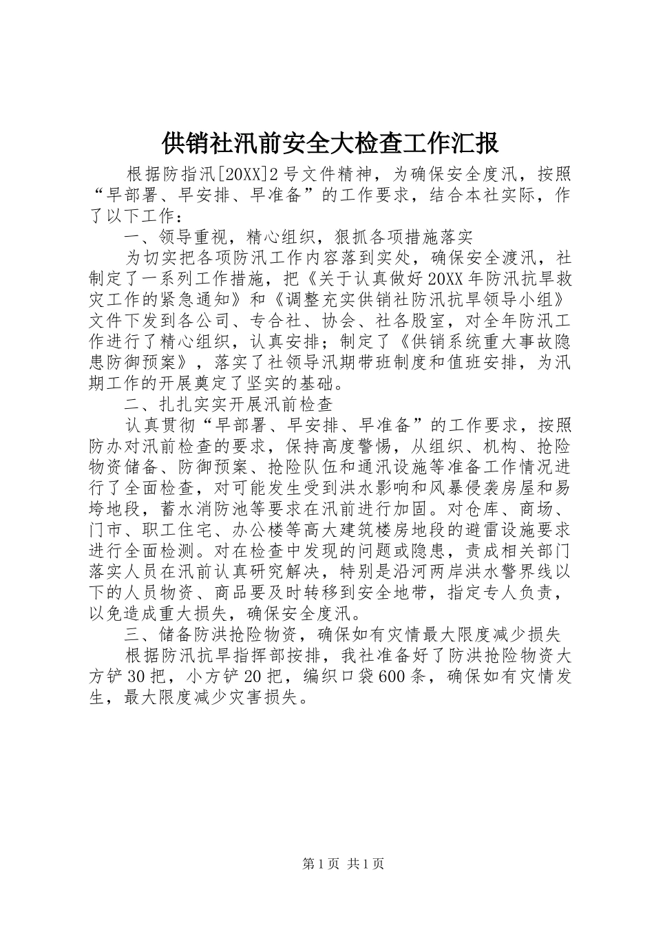 2024年供销社汛前安全大检查工作汇报_第1页