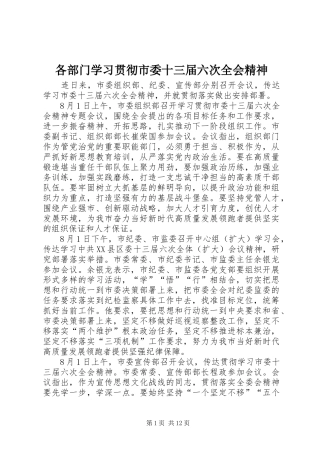 2024年各部门学习贯彻市委十三届六次全会精神