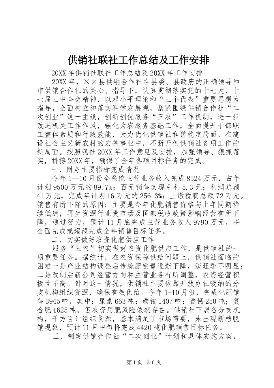 2024年供销社联社工作总结及工作安排_第1页