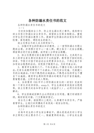 2024年各种防溺水责任书的范文
