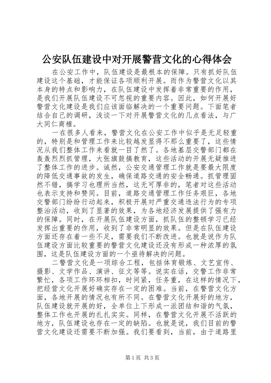 2024年公安队伍建设中对开展警营文化的心得体会_第1页