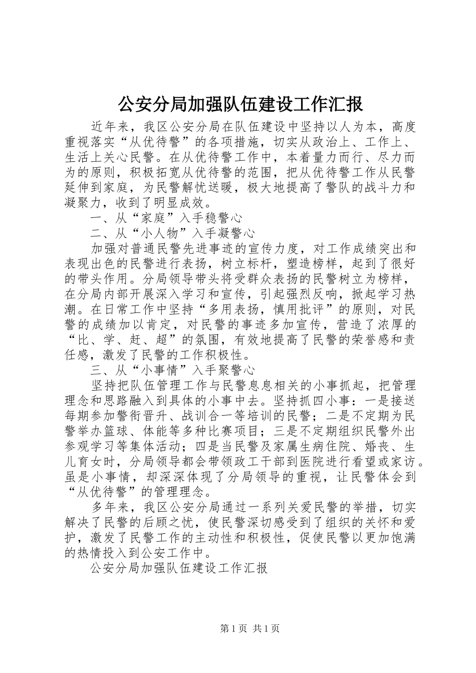 2024年公安分局加强队伍建设工作汇报_第1页