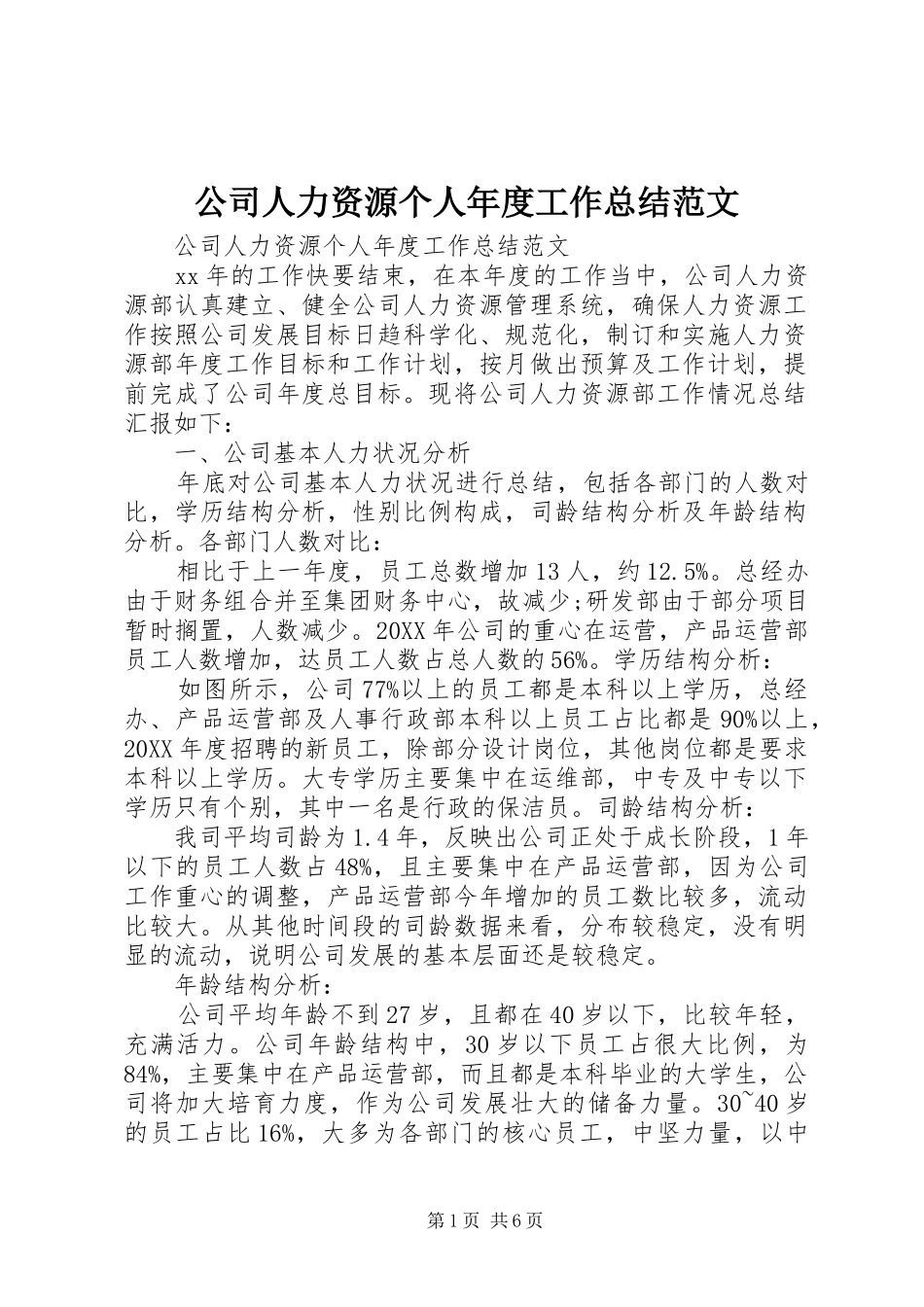 2024年公司人力资源个人年度工作总结范文_第1页