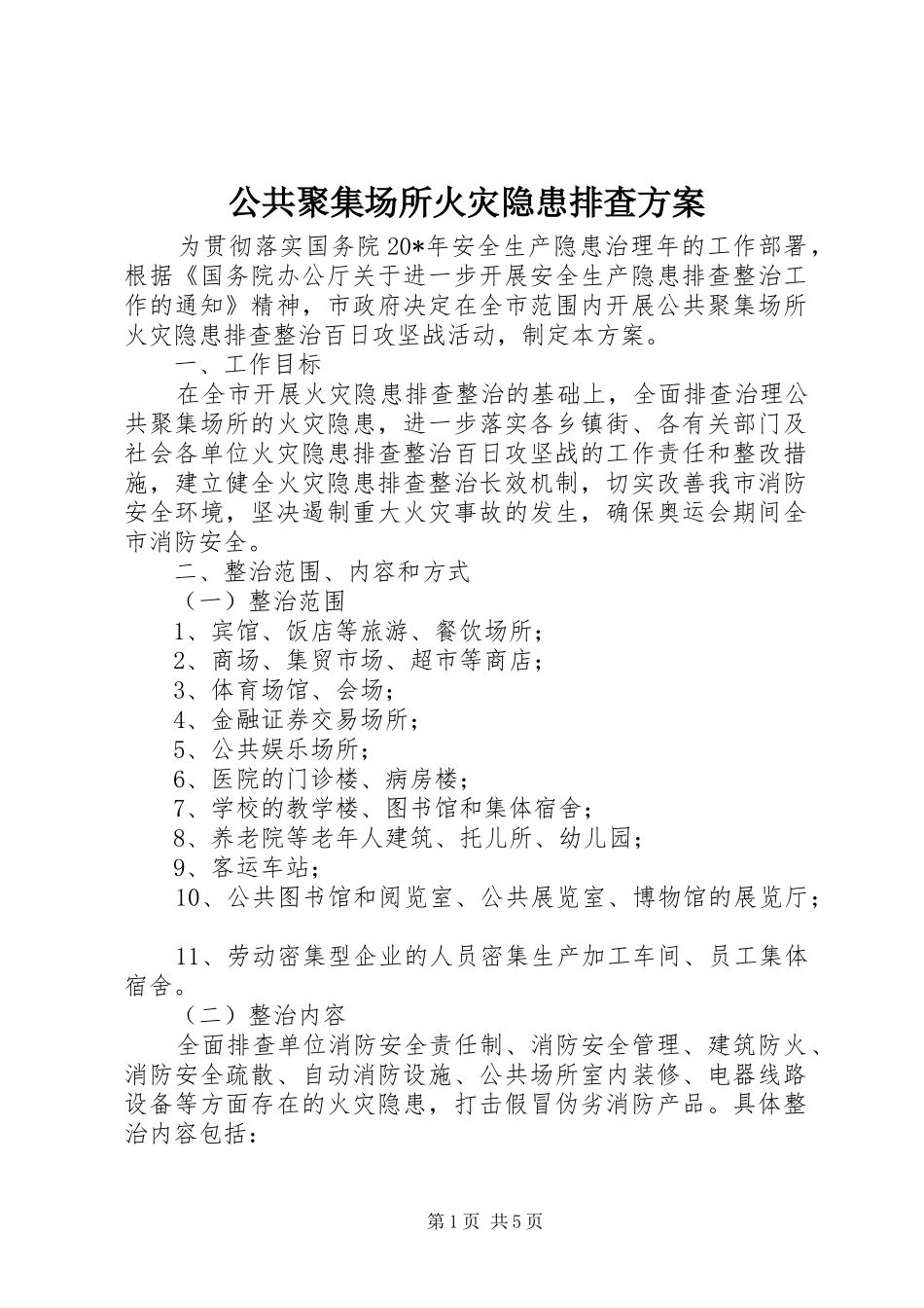 2024年公共聚集场所火灾隐患排查方案_第1页