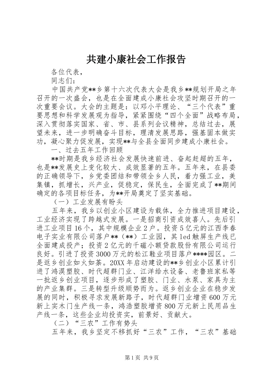 2024年共建小康社会工作报告_第1页