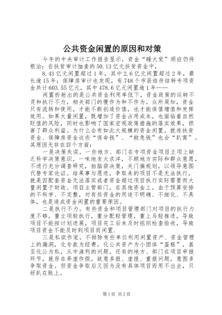 2024年公共资金闲置的原因和对策