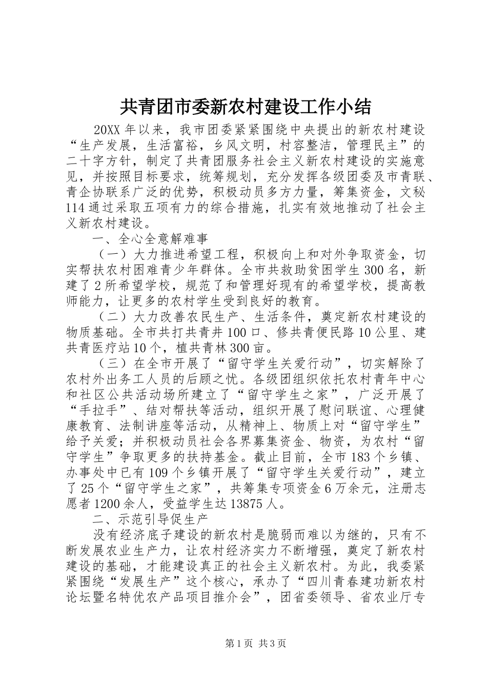 2024年共青团市委新农村建设工作小结_第1页