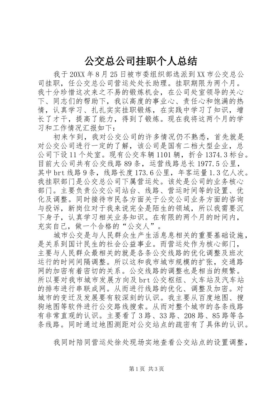 2024年公交总公司挂职个人总结_第1页