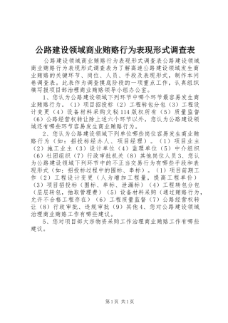 2024年公路建设领域商业贿赂行为表现形式调查表