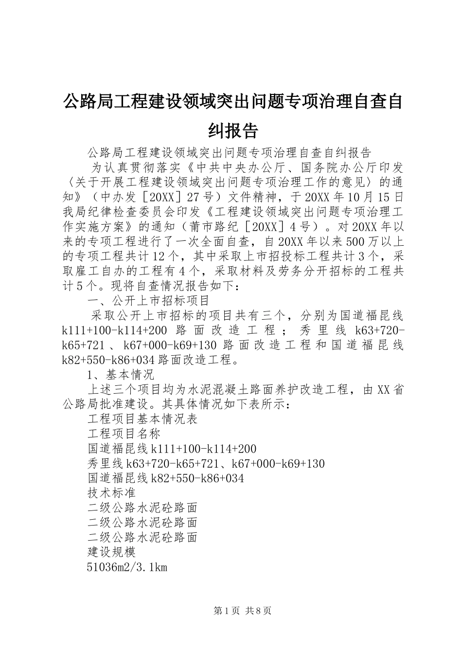 2024年公路局工程建设领域突出问题专项治理自查自纠报告_第1页