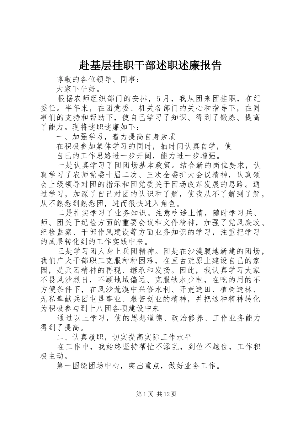 2024年赴基层挂职干部述职述廉报告_第1页