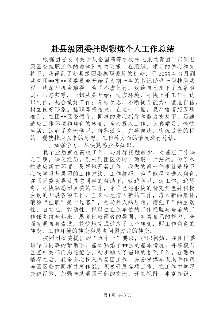 2024年赴县级团委挂职锻炼个人工作总结_第1页
