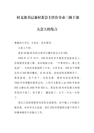 村支部书记兼村委会主任在全市三级干部大会上的发言