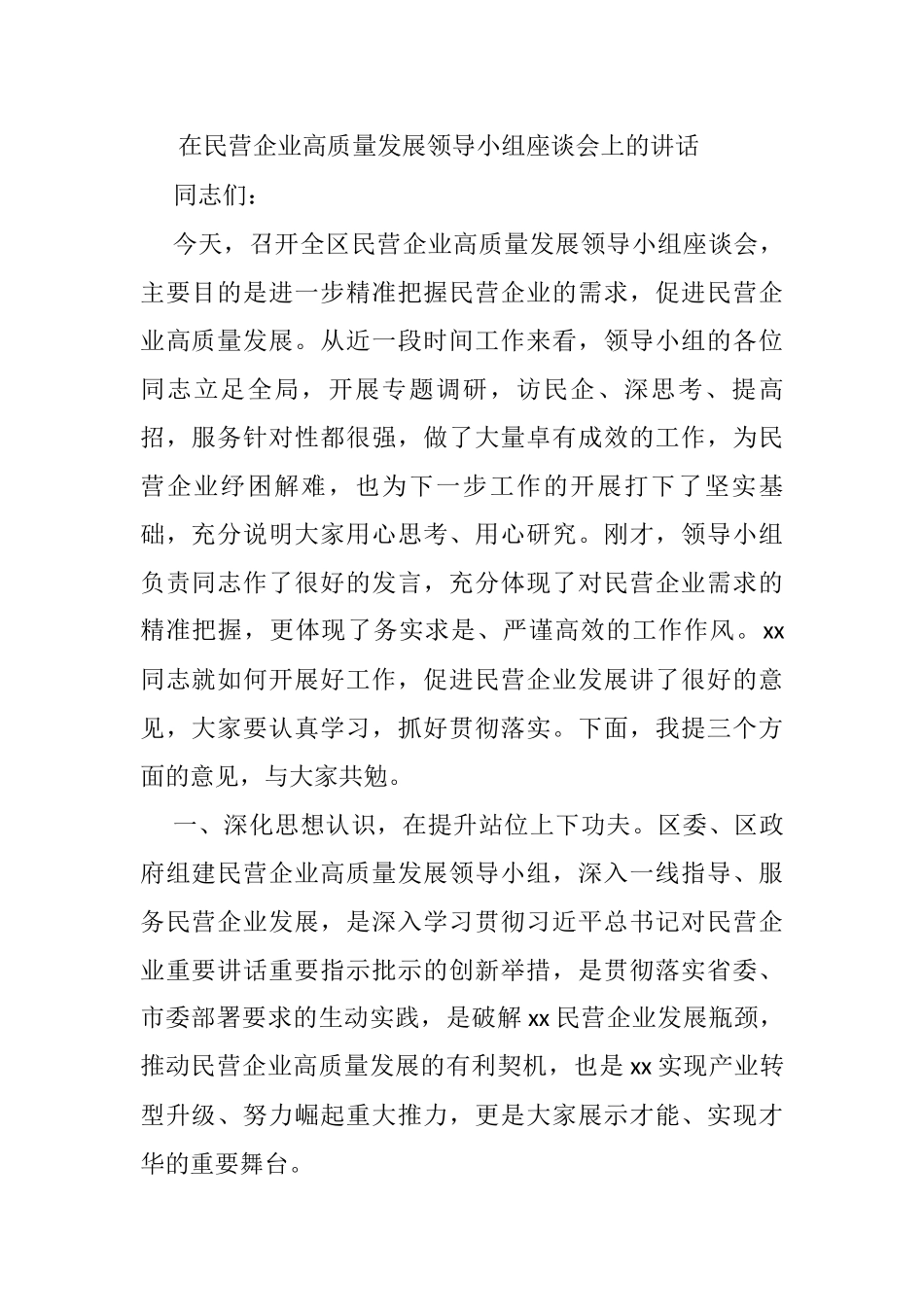 在民营企业高质量发展领导小组座谈会上的讲话_第1页