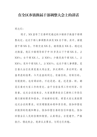 在全区乡镇换届干部调整大会上的讲话