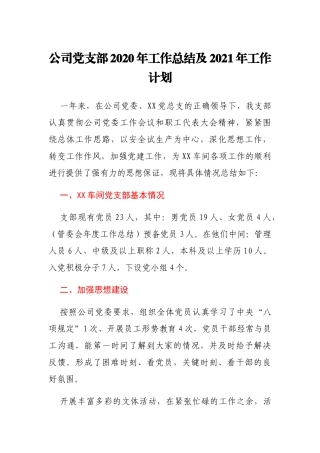 公司党支部2020年工作总结及2021年工作计划