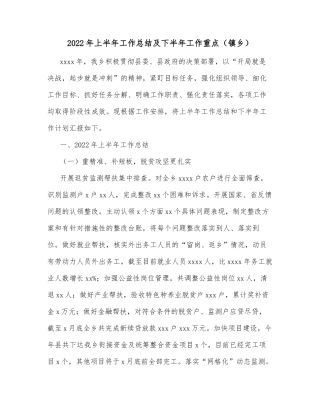 2022年上半年工作总结及下半年工作重点（镇乡）