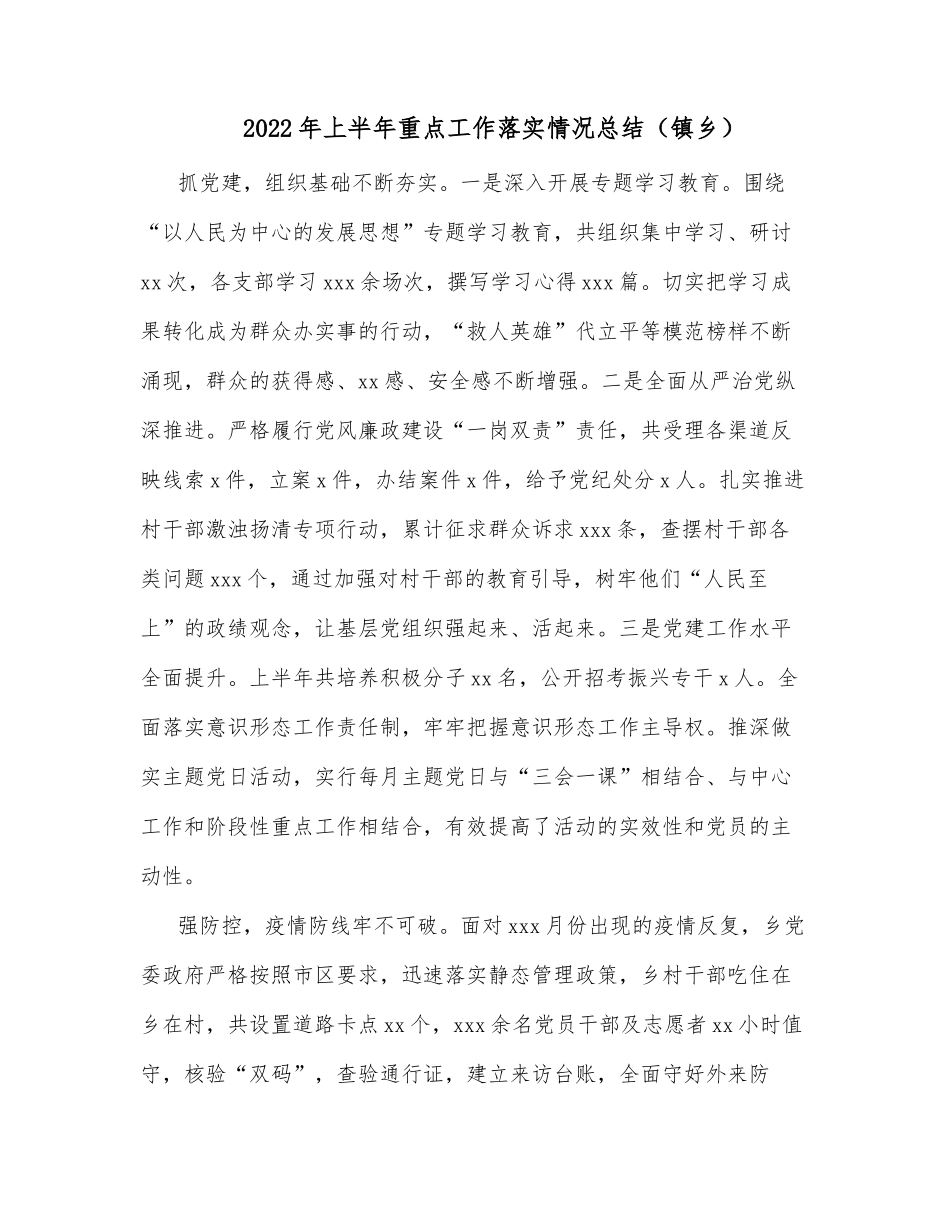2022年上半年重点工作落实情况总结（镇乡）_第1页