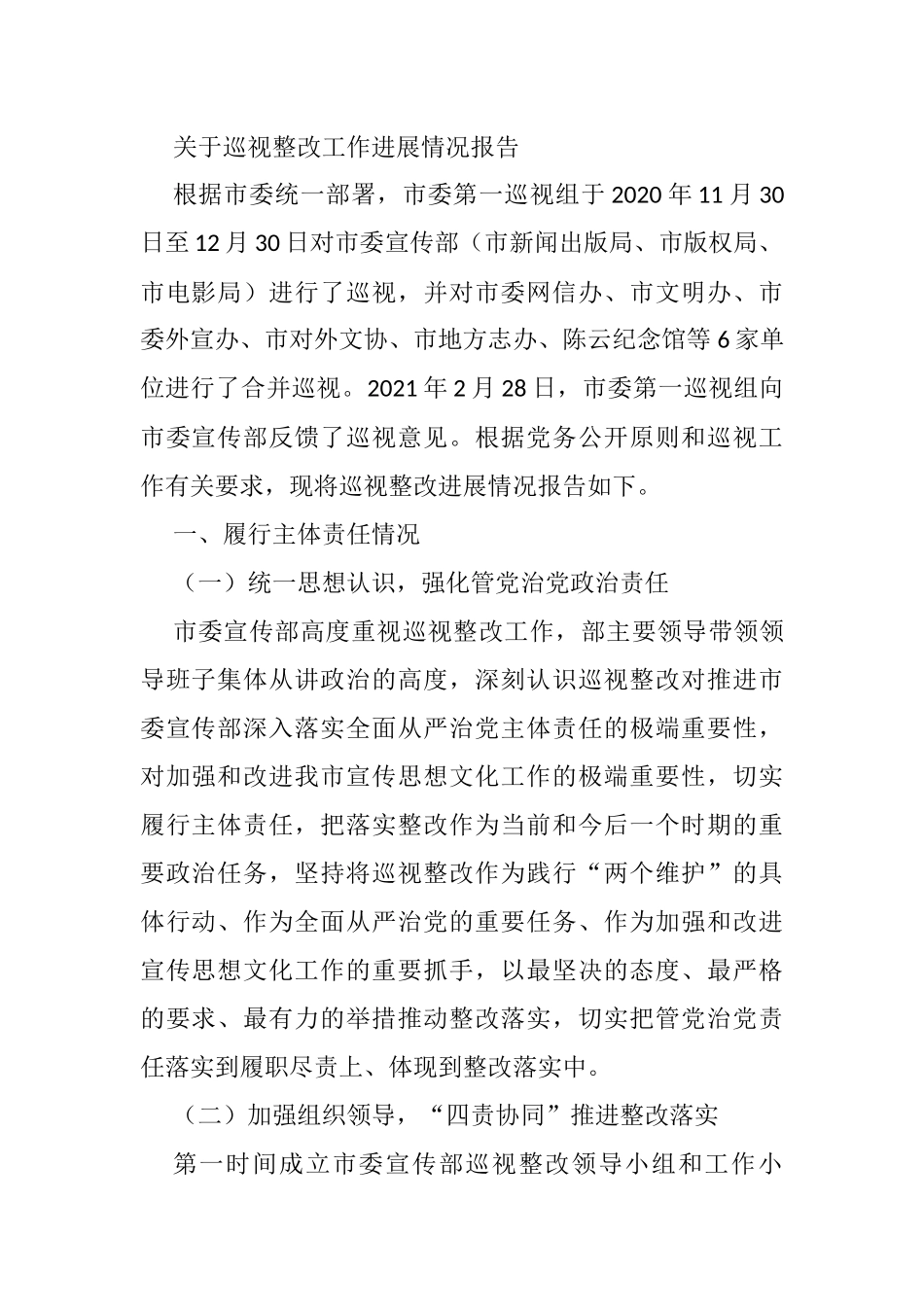 关于巡视整改工作进展情况报告_第1页