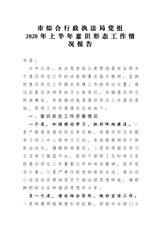 市综合行政执法局党组2020年上半年意识形态工作情况报告