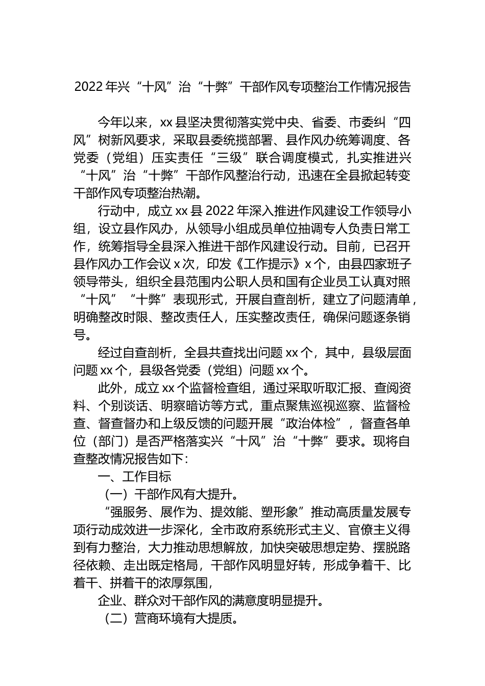 2022年兴“十风”治“十弊”干部作风专项整治工作情况报告_第1页