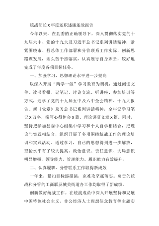 统战部长X年度述职述廉述效报告