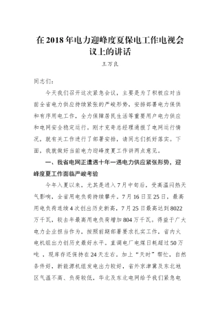 王万良：在2018年电力迎峰度夏保电工作电视会议上的讲话_转换