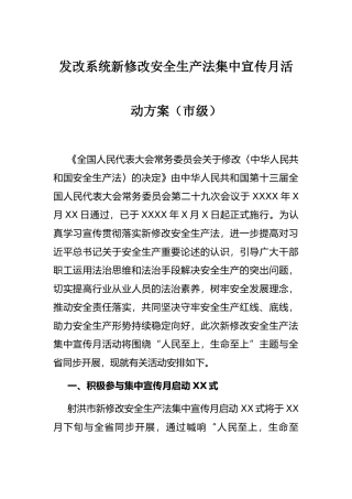 发改系统新修改安全生产法集中宣传月活动方案（市级）