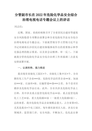 分管副市长在2022年危险化学品安全综合治理电视电话专题会议上的讲话
