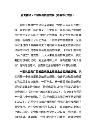 奋力推动X市实现高质量发展（市委书记发言）