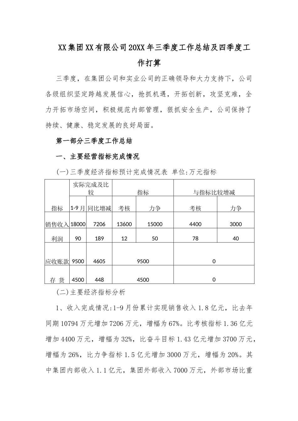 XX集团XX有限公司20XX年三季度工作总结及四季度工作打算_第1页