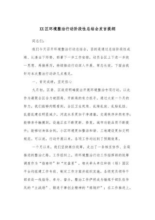 XX区环境整治行动阶段性总结会发言提纲