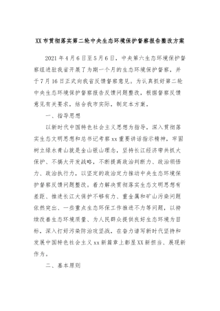 XX市贯彻落实第二轮中央生态环境保护督察报告整改方案