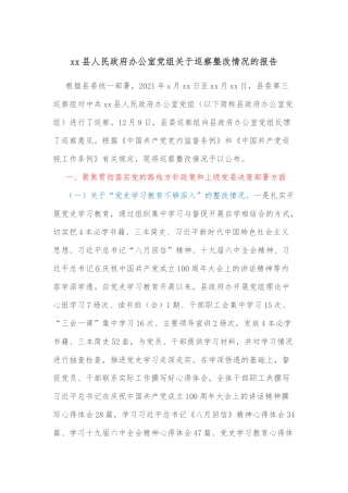 xx县人民政府办公室党组关于巡察整改情况的报告