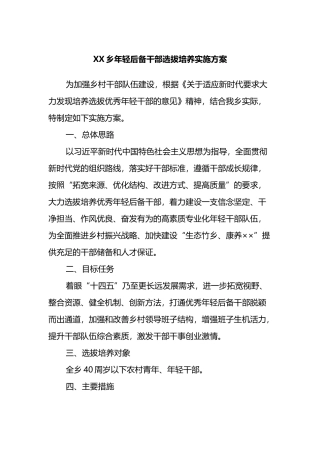 XX乡年轻后备干部选拔培养实施方案