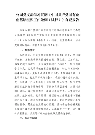 公司党支部学习贯彻《中国共产党国有企业基层组织工作条例（试行）》自查报告