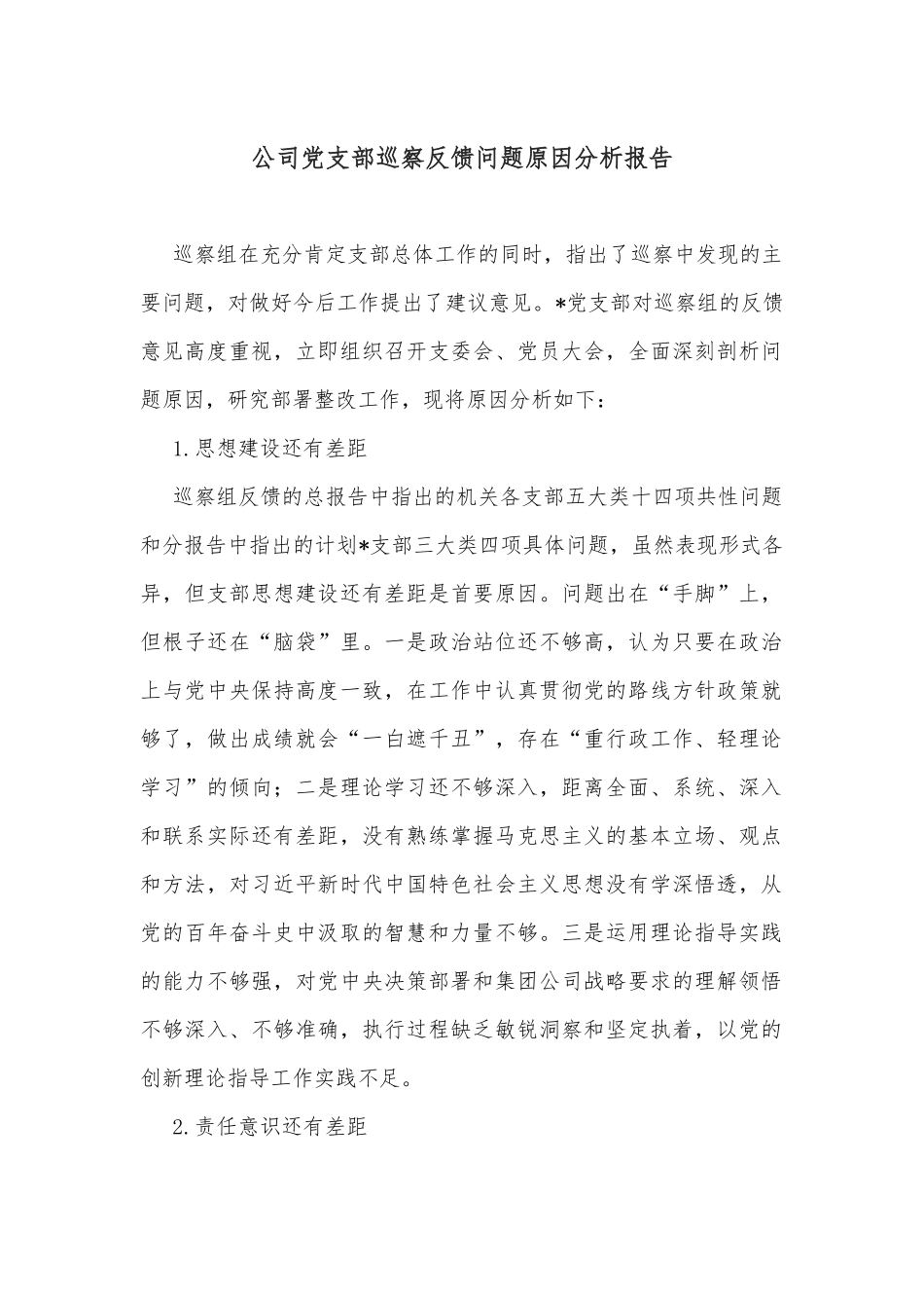 公司党支部巡察反馈问题原因分析报告_第1页